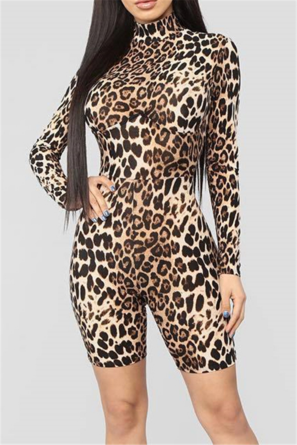 Leopard batch printing stretch tight slim playsuit