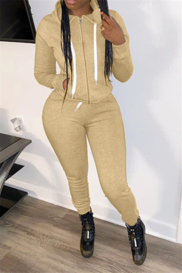 Zip-up hooded simple stretch two-piece set