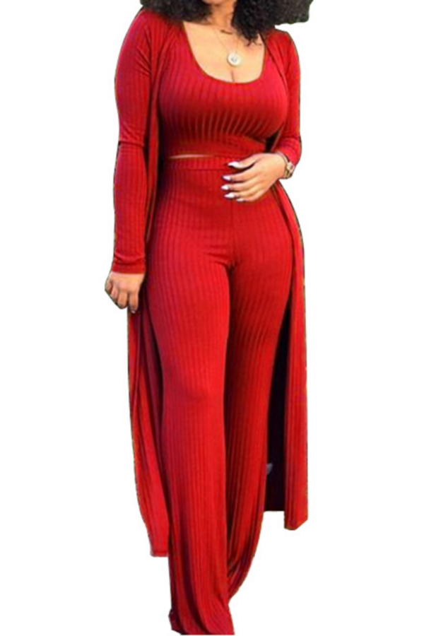 Short vest, high waist wide leg pants with jackets stretch three-piece set.