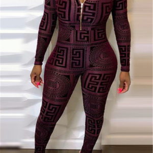 Digital print stretch tight jumpsuit with jacket two-piece set