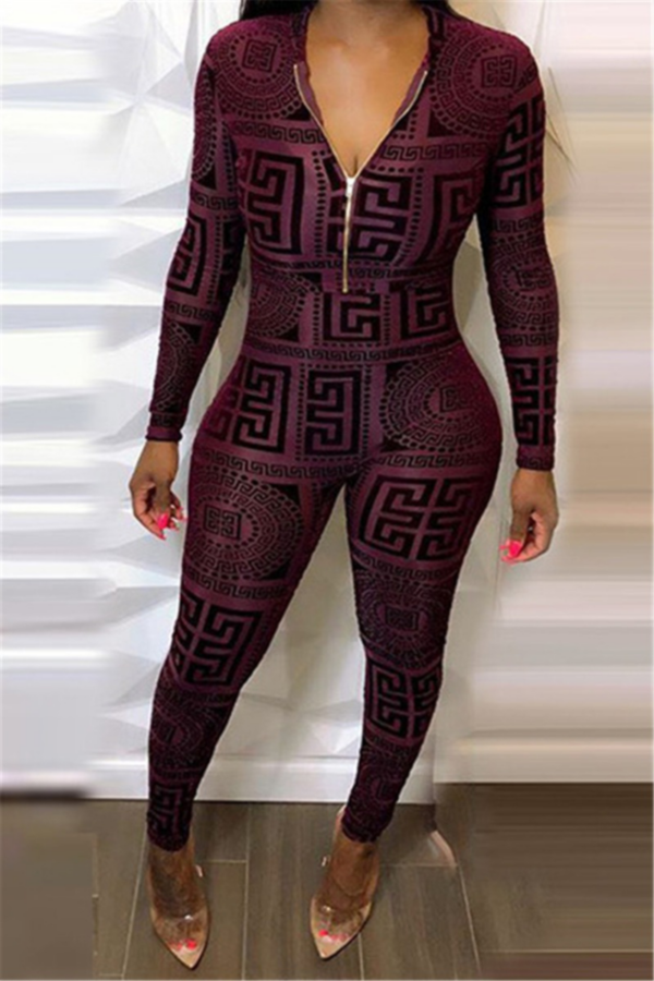 Digital print stretch tight jumpsuit with jacket two-piece set