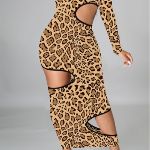 Leopard batch printing hollow out stretch dress.