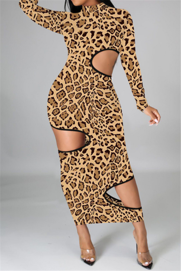 Leopard batch printing hollow out stretch dress.