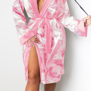 Dollar pattern print inelastic satin sleepwear cardigan with belt.