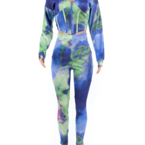 Tie-dye stretch hooded zip-up stylish two-piece set. 