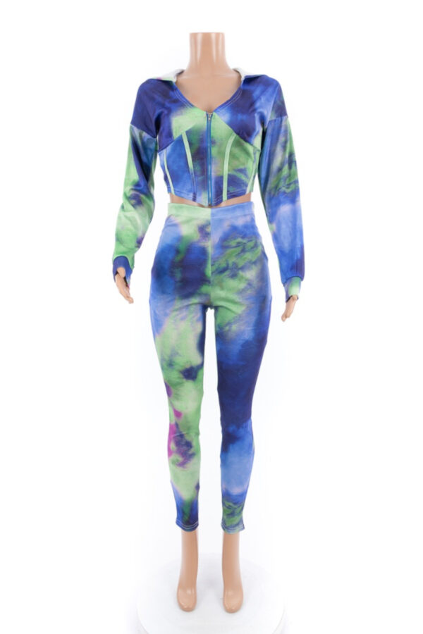 Tie-dye stretch hooded zip-up stylish two-piece set. 