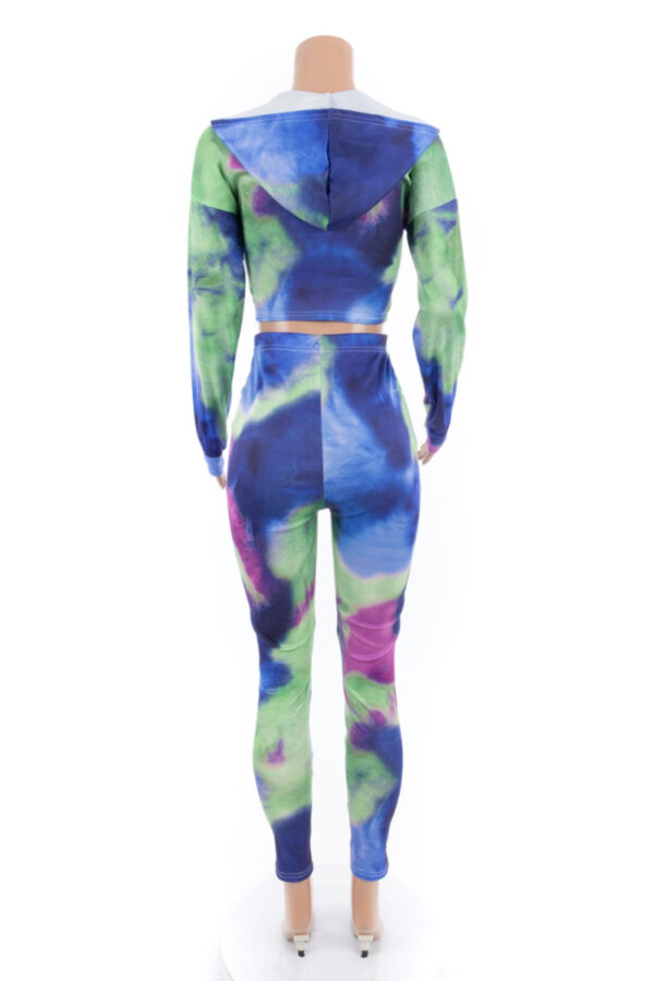 Tie-dye stretch hooded zip-up stylish two-piece set. 