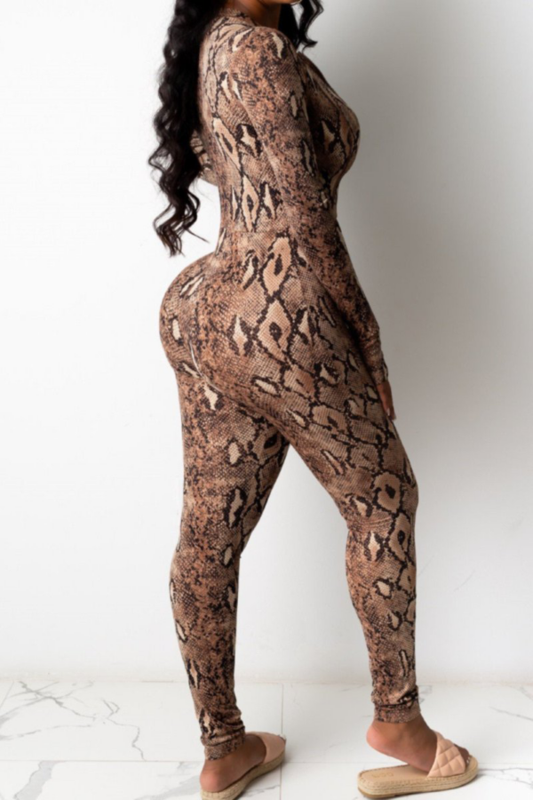 Snake print stretch zip-up tight jumpsuit