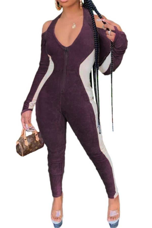 Deep v-neck hollow out velvet tight jumpsuit